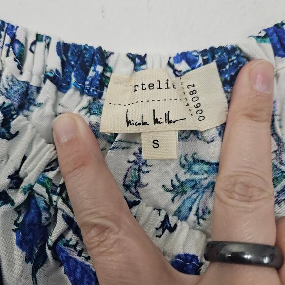 Nicole Miller Artelier Blue Floral Peasant Mini Dress Ruffle Puff Sleeves Small - Picture 5 of 6